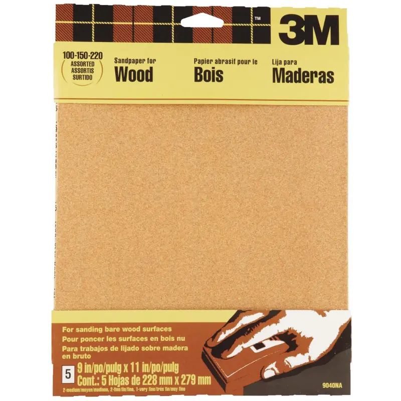 3M Bare Wood Sandpaper Pack – 5 Sheets, Assorted Grits (100/150/220), 9" X 11" 1