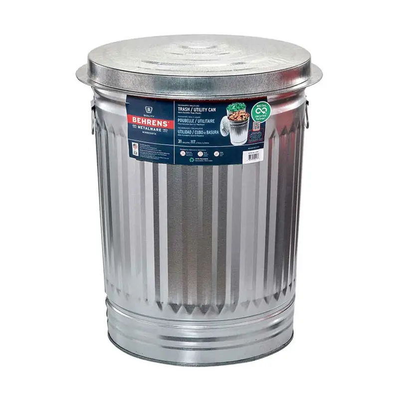Behrens 31-Gallon Galvanized Steel Trash Can – Heavy-Duty Outdoor Or Workshop Bin With Lid 1