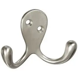 Double-Prong Satin Nickel Robe Hook For Bathroom Or Bedroom Use 1