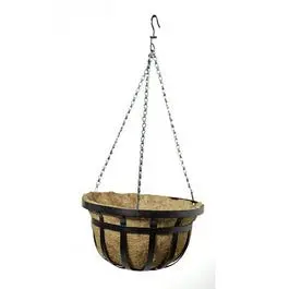 Flat Iron Style Hanging Basket With Coco Liner – Black Steel, 14-Inch Diameter 1