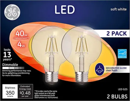 G25 Led Globe Light Bulb – Medium Base, 40W Equivalent, Soft White 1