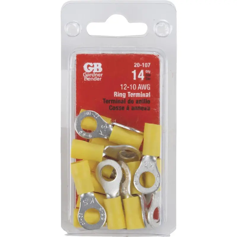 Gardner Bender Yellow Vinyl-Insulated Barrel Ring Terminals – 12–10 Awg, #12 To 1/4" Stud, 14-Pack 1