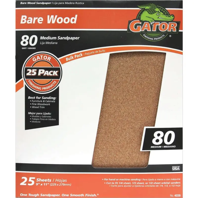 Gator Bare Wood Sandpaper – 9 In X 11 In, 80-Grit Medium, 25-Pack 1