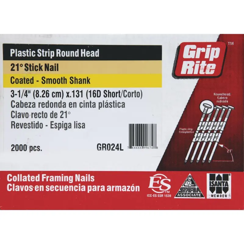 Grip-Rite 21° Full-Round Head Framing Nails – 3-1/4" × 0.131", Bright Plastic Strip, 2000-Pack 1