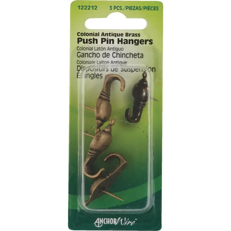 Hillman Antique Brass Colonial Push Pin Hangers – Decorative Wire Anchor Set (3-Pack) 1