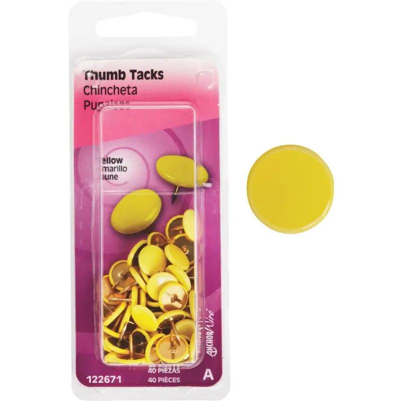 Hillman Yellow Anchor Wire Thumb Tacks – 23/64" X 15/64", 40-Count Pack 1